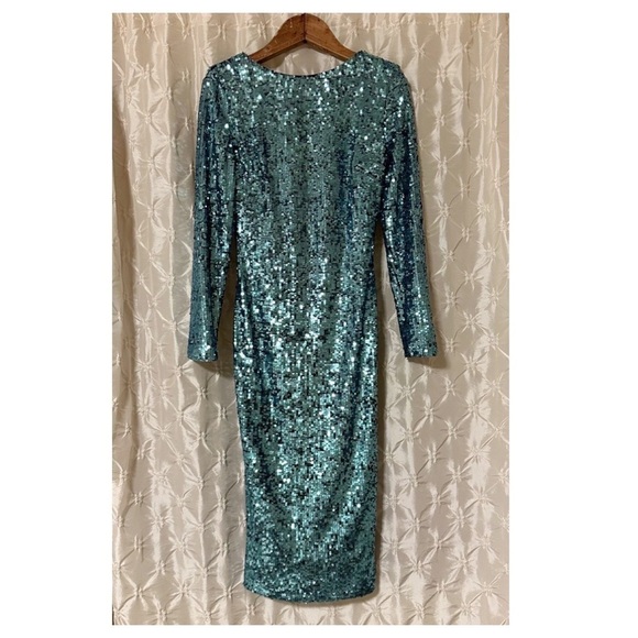 Dress the Population Emery Dress Ice Blue Sequin Long Sleeve Metallic Cocktail - Picture 3 of 17